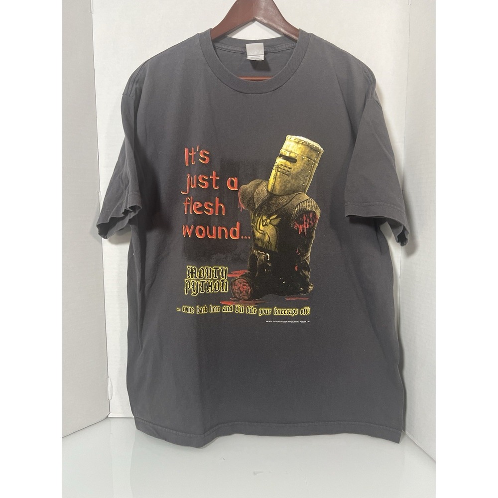 Vintage 2001 Monty Python "Just a Flesh Wound" Grey Shirt LARGE 054